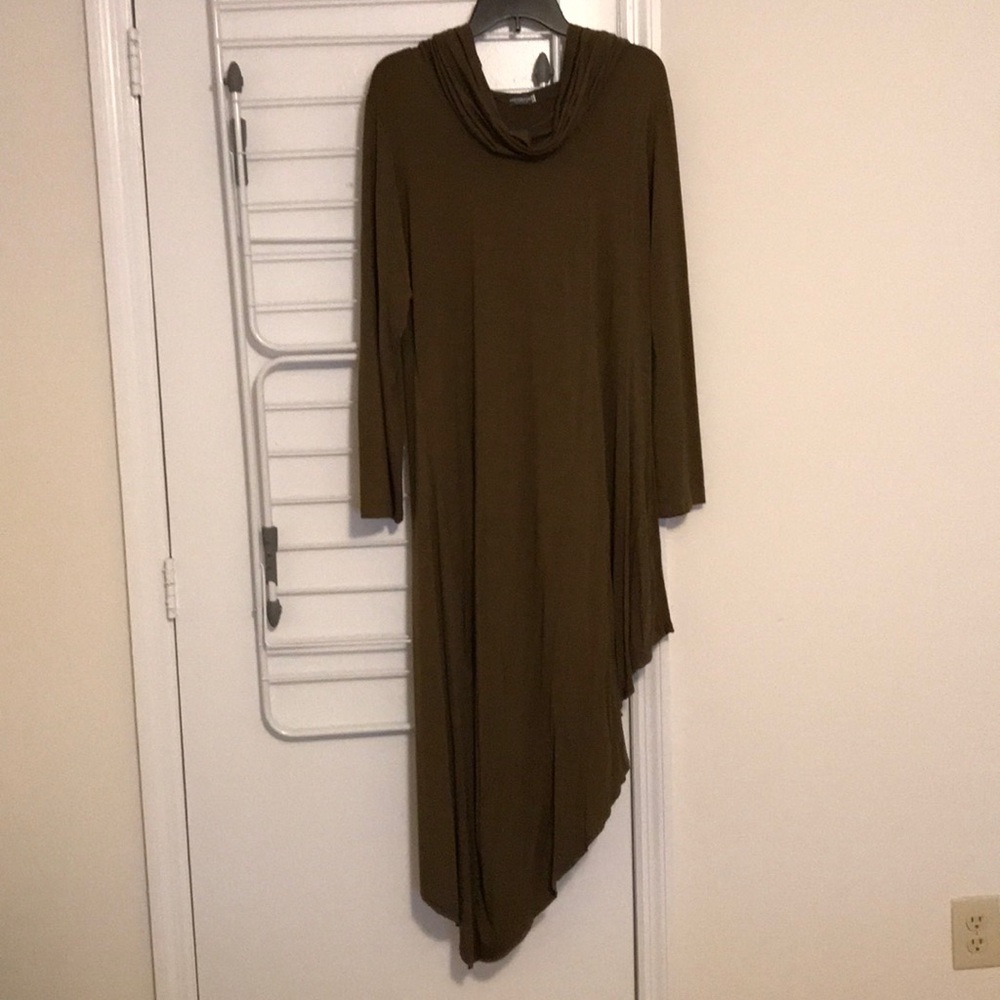 Hooded long sleeve asymmetrical dress, olive green